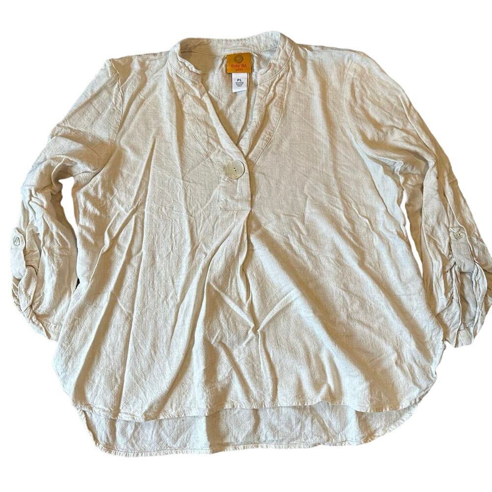 Women’s Ruby Road Cream Tan Linen Blend Shirt Blouse Top Size Large Petite